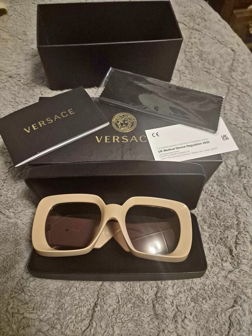 Versace Women's Beige Square Frame Sunglasses with Dark Lenses